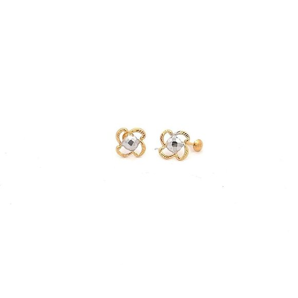 18K Gold Earrings Screw Type Flower Two Tone - Picture 1 of 5